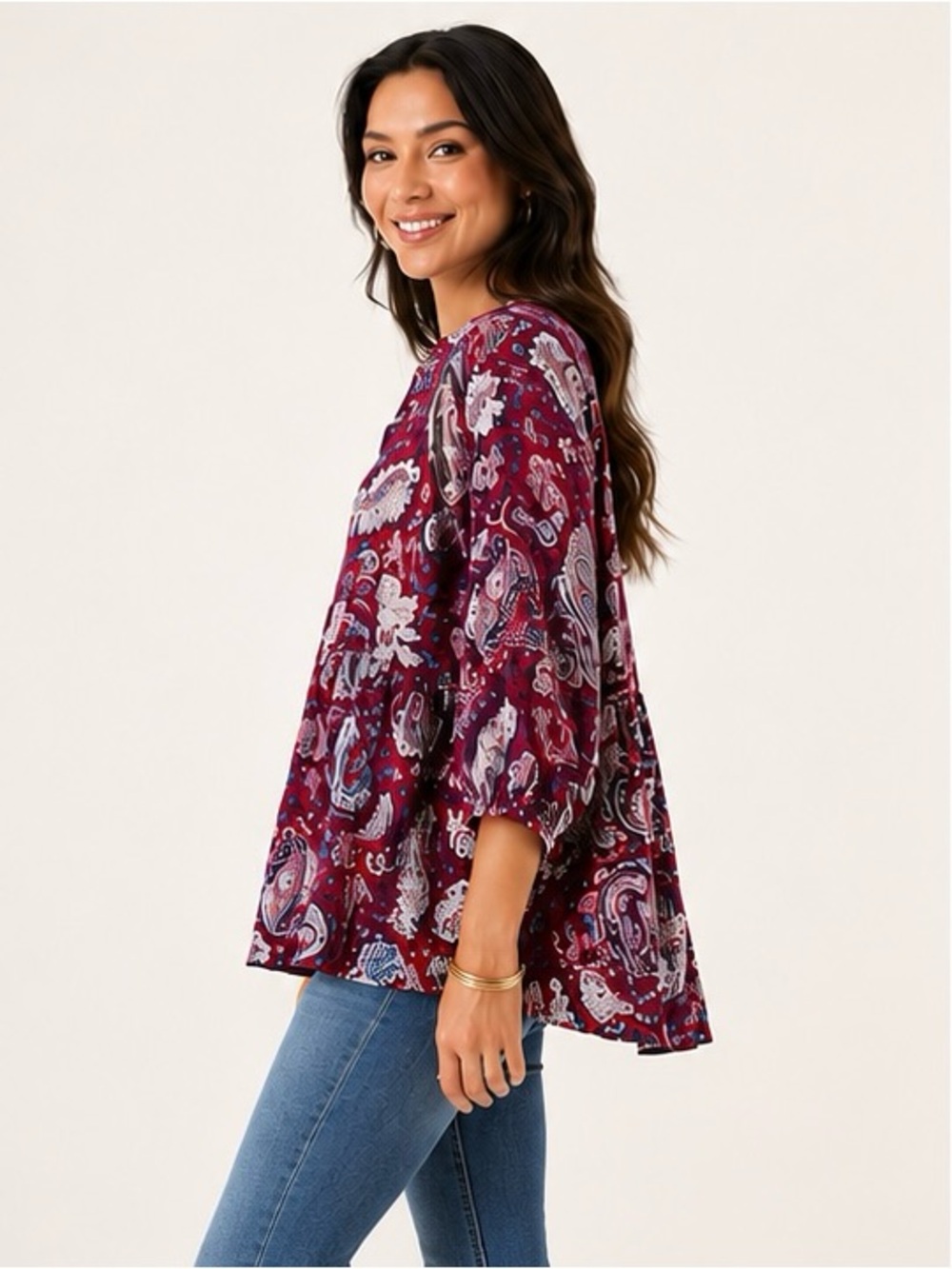 Paisley Wine Mixed Tiered 3/4  sleeve baby Doll Tunic Top - Picture 3 of 7